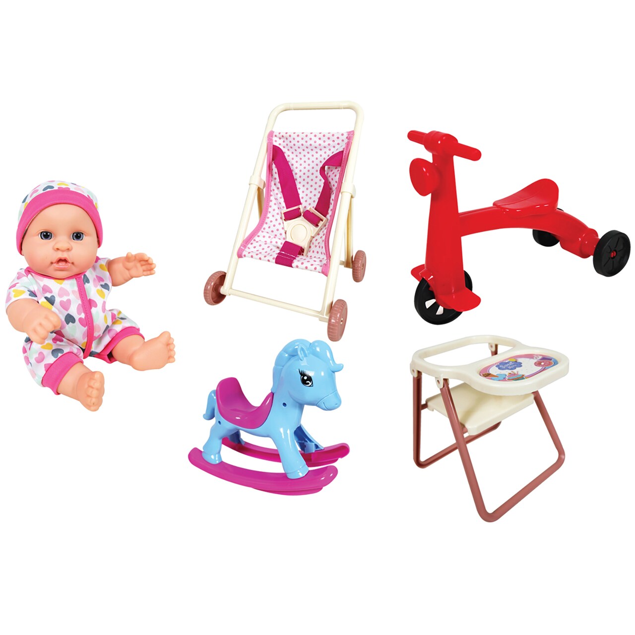 Lissi: 8" Baby Doll Set: Scooter, Pushchair, Rocking Chair & Highchair - Colorful Play-Feeding-Travel Toy Playset, Foldable Design, Kids-Toddlers 2+